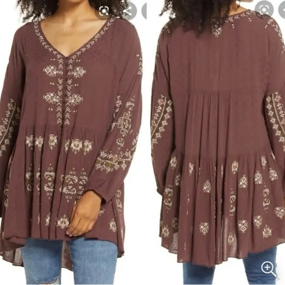 🆕 FREE PEOPLE Arianna Embroidered Tunic Deep V-Neck Long Sleeves - Picture 3 of 11